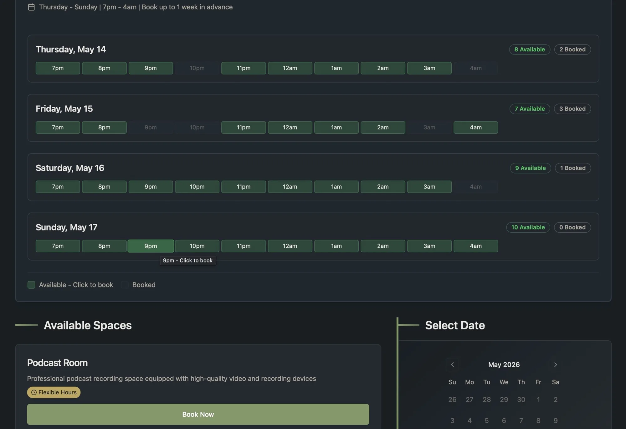 Soundlab booking calendar